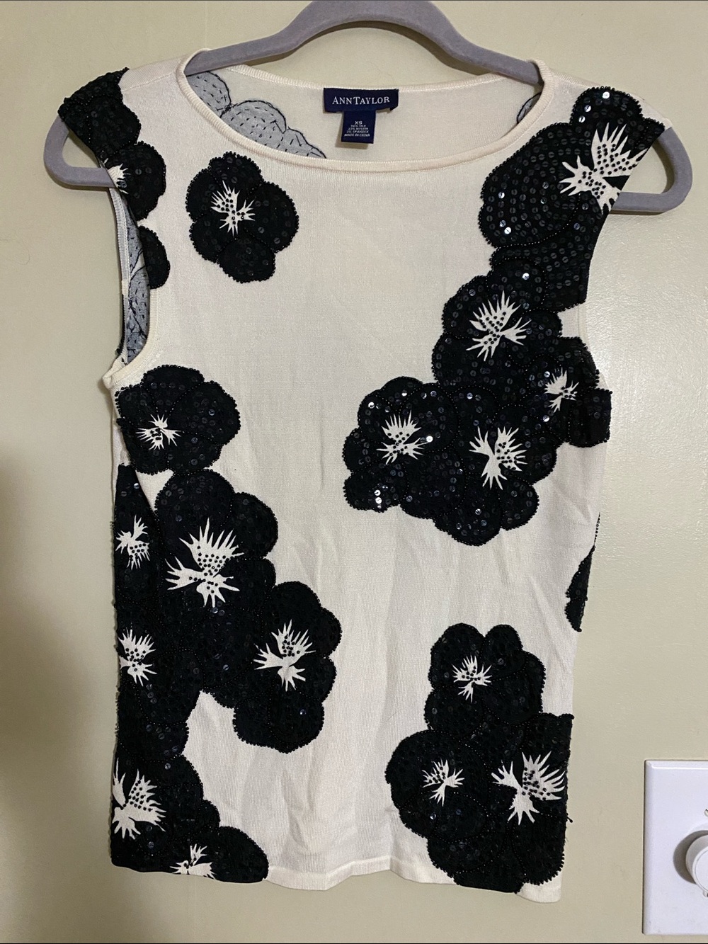 Ann Taylor Cream Tank Top with Black Floral Sequin Appliqué